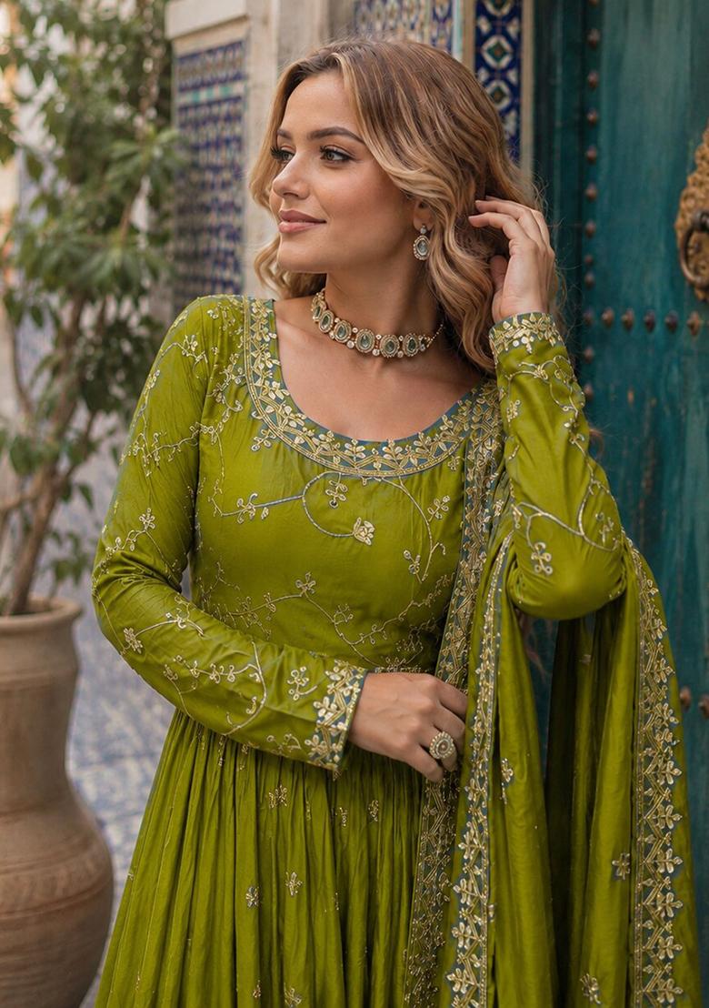 Mustard Embroidery Silk Kurta Set - Indya