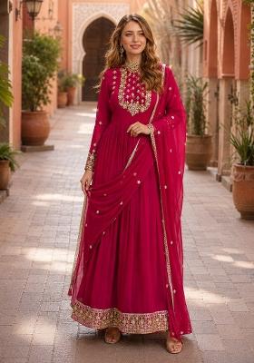 Pink Embroidery Georgette Anarkali With Dupatta