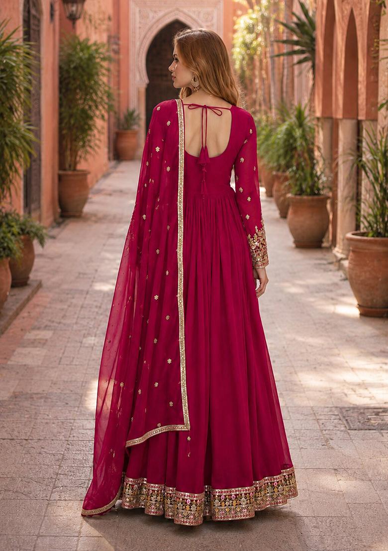 Pink Embroidery Georgette Anarkali With Dupatta - Indya