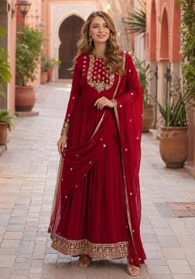 Maroon Embroidery Georgette Anarkali With Dupatta