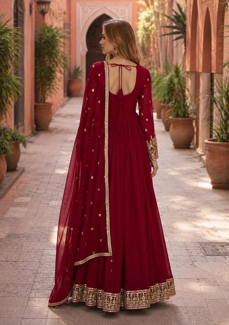 Maroon Embroidery Georgette Anarkali With Dupatta - Indya