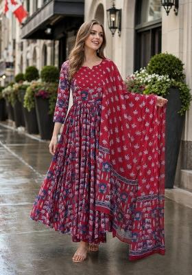 Red Printed Cotton Kurta Set