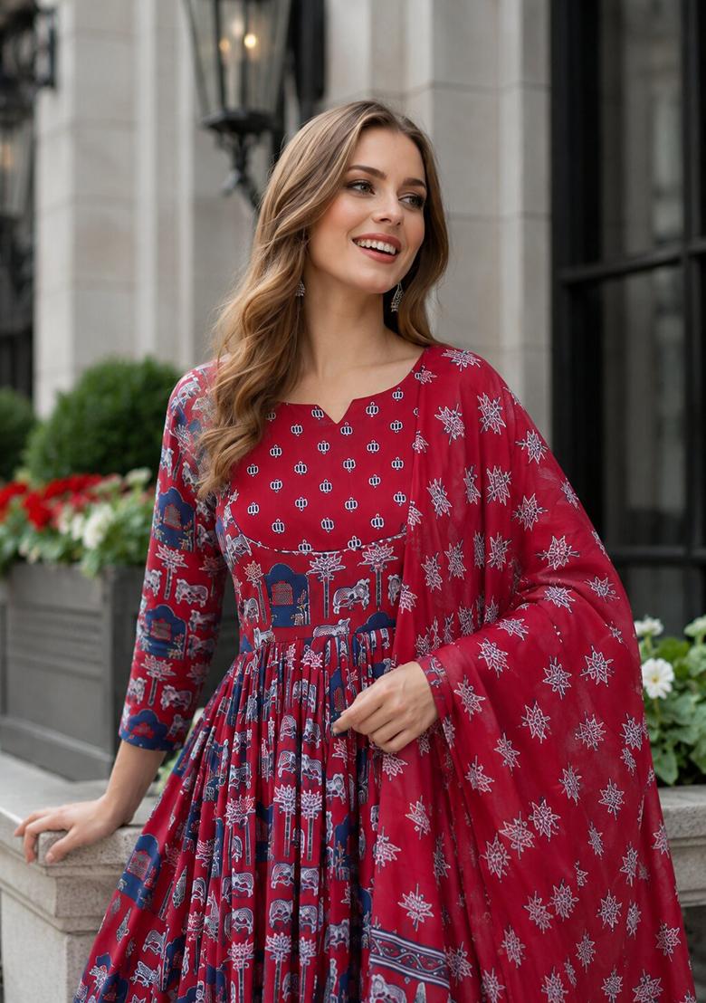 Red Printed Cotton Kurta Set - Indya
