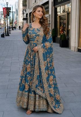 Blue Embroidery Silk Anarkali With Dupatta