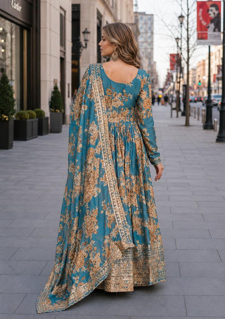 Blue Embroidery Silk Anarkali With Dupatta - Indya