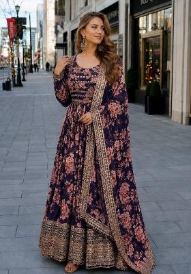 Violet Embroidery Silk Anarkali With Dupatta