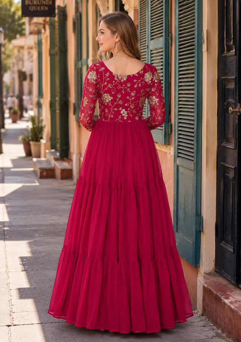 Red Embroidery Georgette Anarkali - Indya