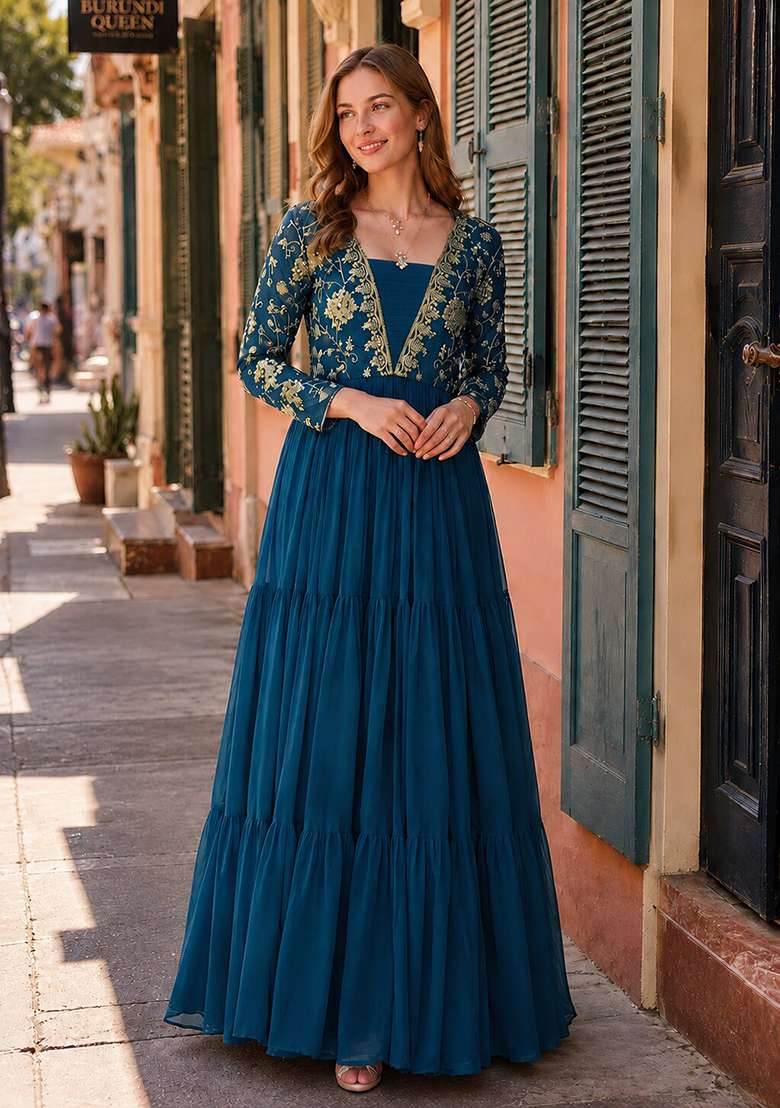 Navy Blue Embroidery Georgette Anarkali - Indya