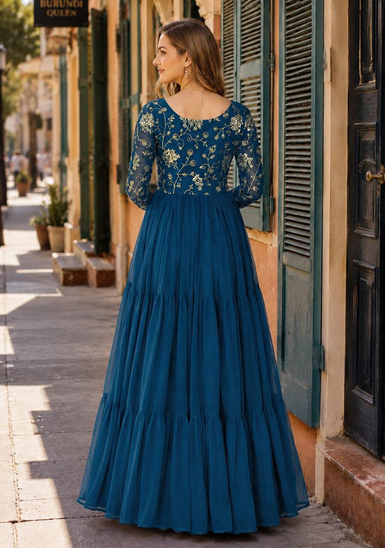 Navy Blue Embroidery Georgette Anarkali - Indya