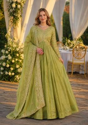 Green Embroidery Silk Anarkali With Dupatta