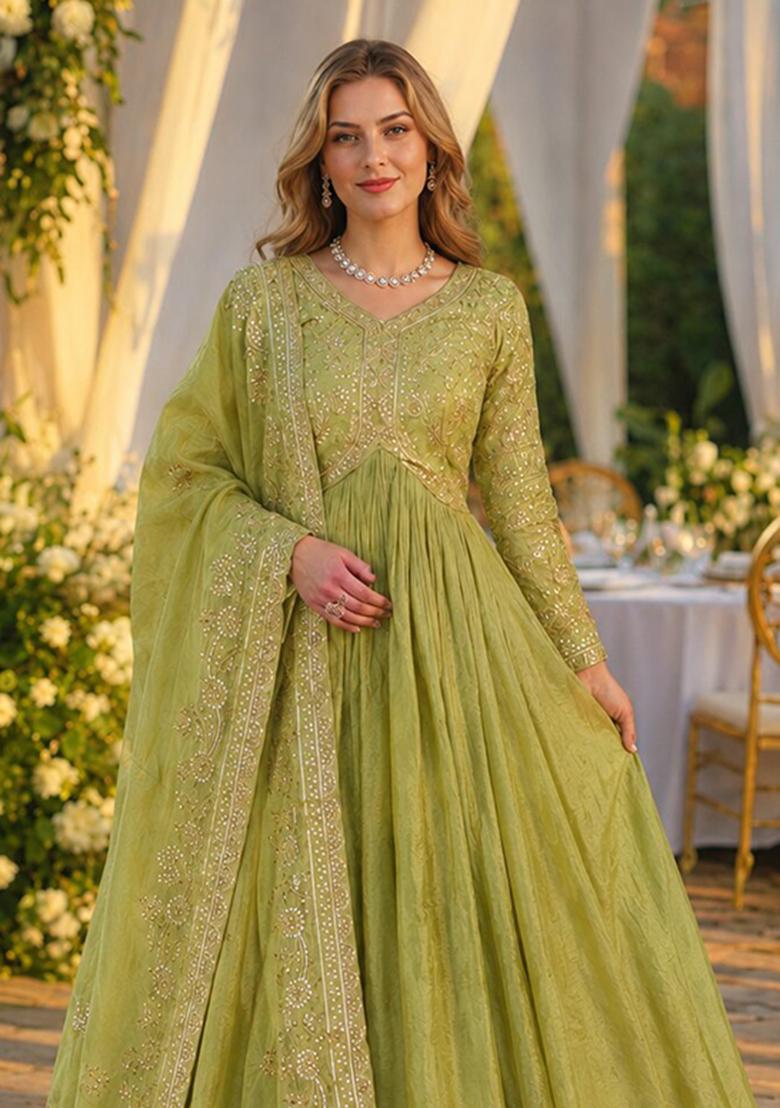 Green Embroidery Silk Anarkali With Dupatta - Indya