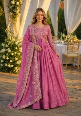 Pink Embroidery Silk Anarkali With Dupatta