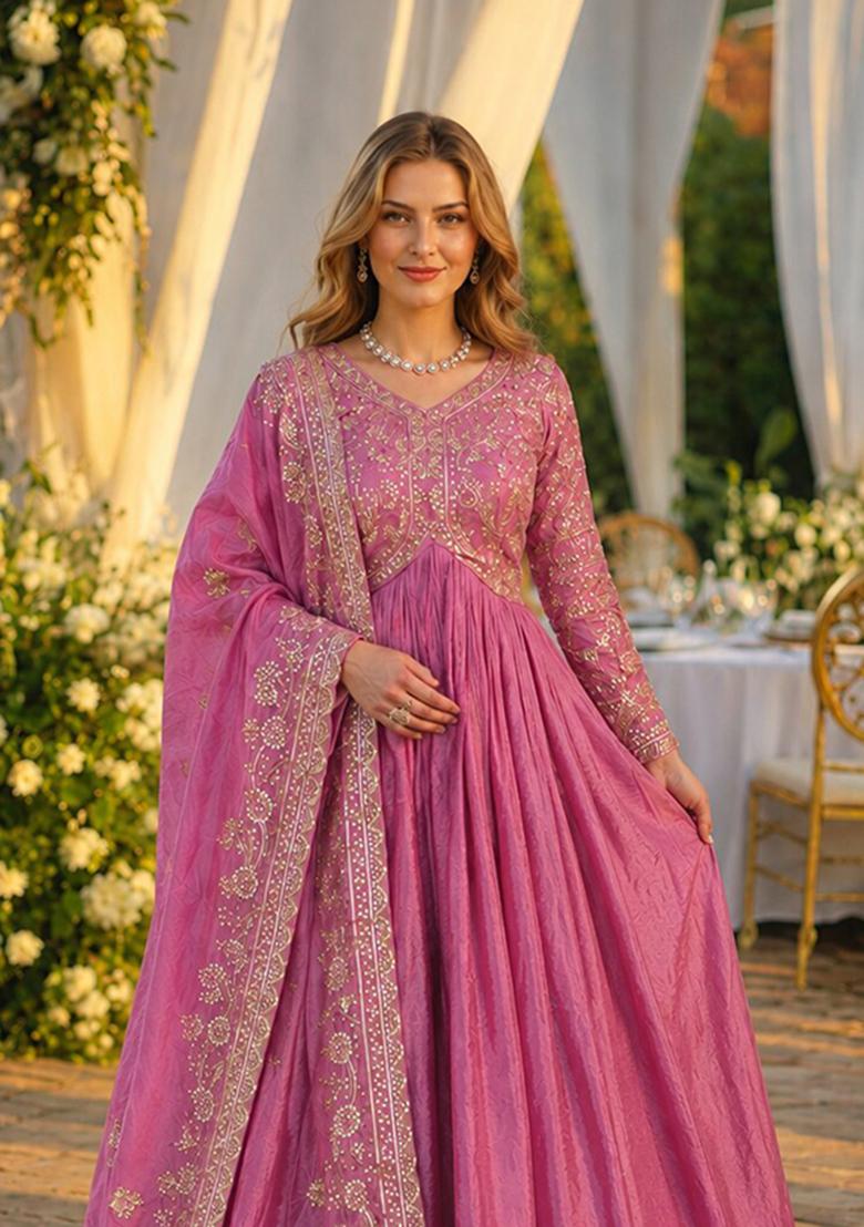 Pink Embroidery Silk Anarkali With Dupatta - Indya