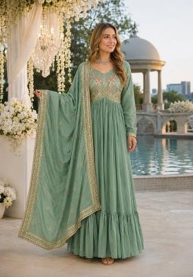 Sea Green Embroidery Silk Anarkali With Dupatta