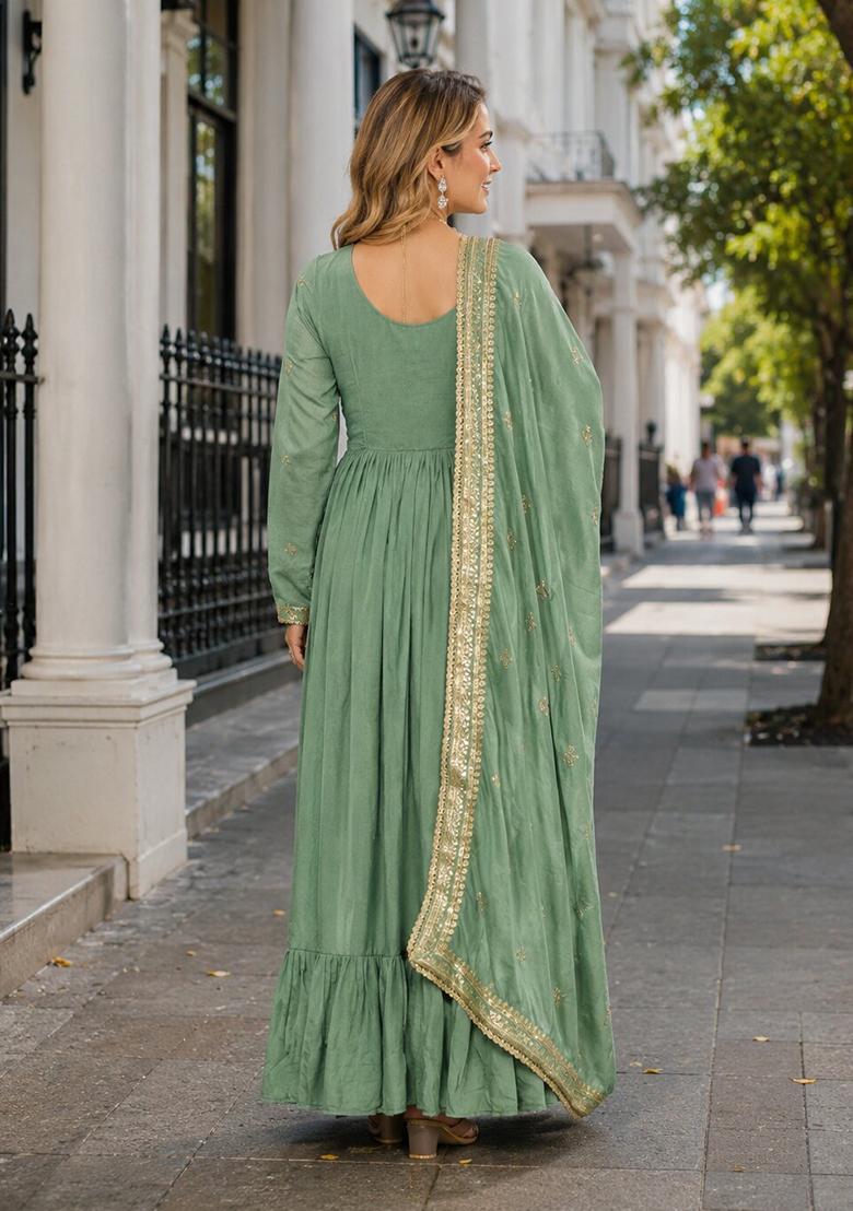 Sea Green Embroidery Silk Anarkali With Dupatta - Indya