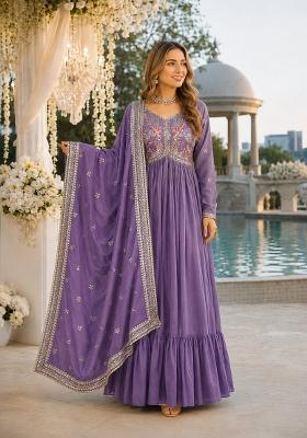 Lavender Embroidery Silk Anarkali With Dupatta