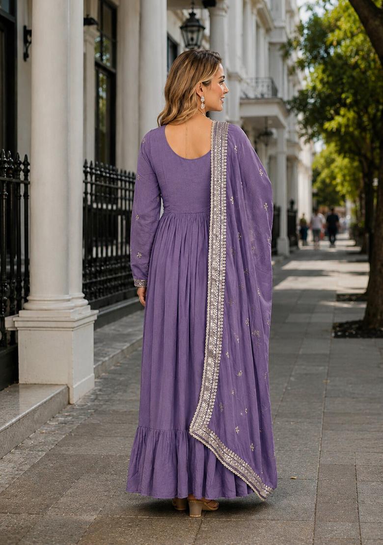 Lavender Embroidery Silk Anarkali With Dupatta - Indya