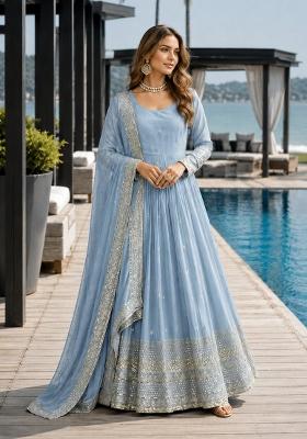Blue Embroidery Silk Anarkali With Dupatta