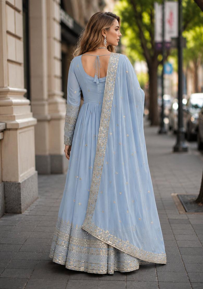 Blue Embroidery Silk Anarkali With Dupatta - Indya