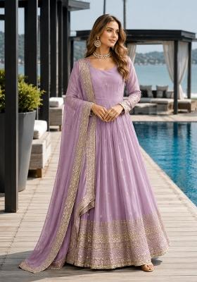 Lavender Embroidery Silk Anarkali With Dupatta