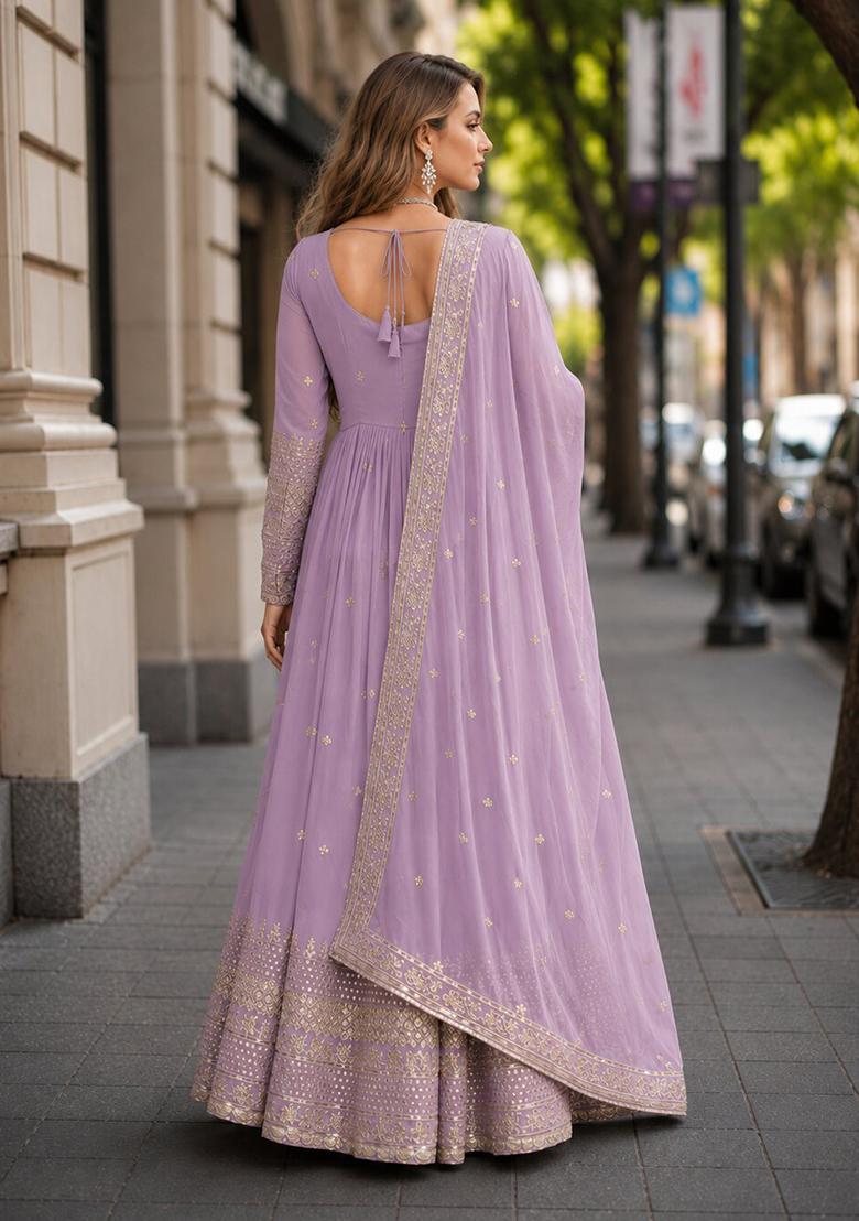 Lavender Embroidery Silk Anarkali With Dupatta - Indya