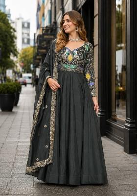 Mehendi Embroidery Silk Anarkali With Dupatta