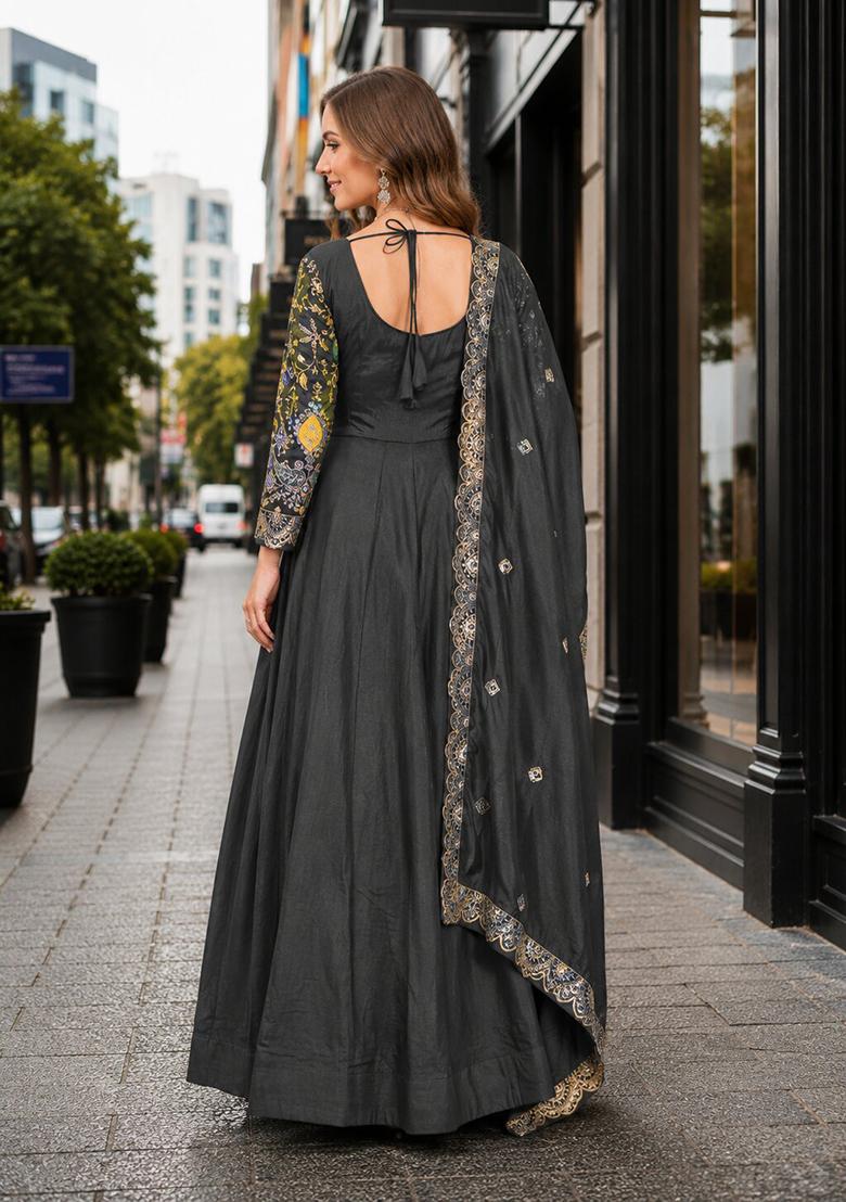 Mehendi Embroidery Silk Anarkali With Dupatta - Indya