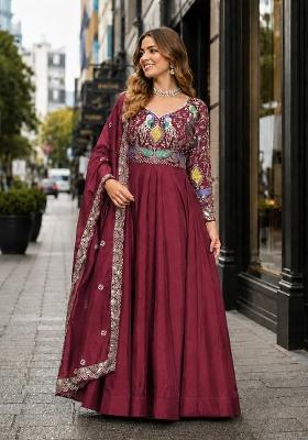 Maroon Embroidery Silk Anarkali With Dupatta