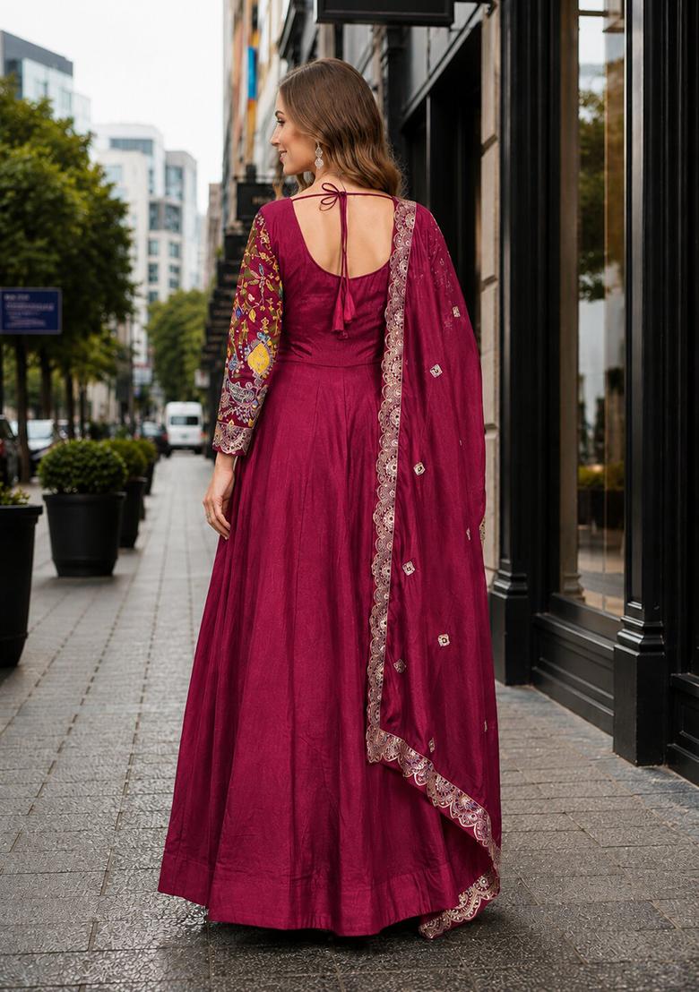 Maroon Embroidery Silk Anarkali With Dupatta - Indya