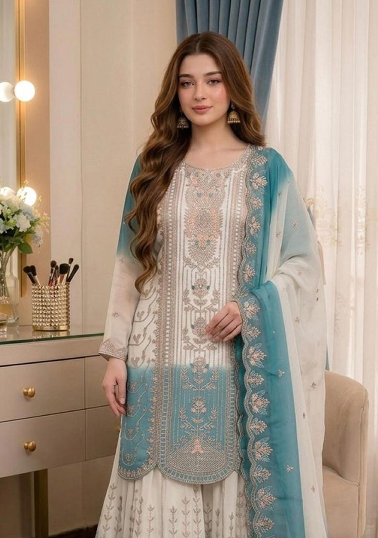 Blue Embroidery Silk Kurta Set - Indya