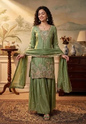 Green Embroidery Silk Kurta Set