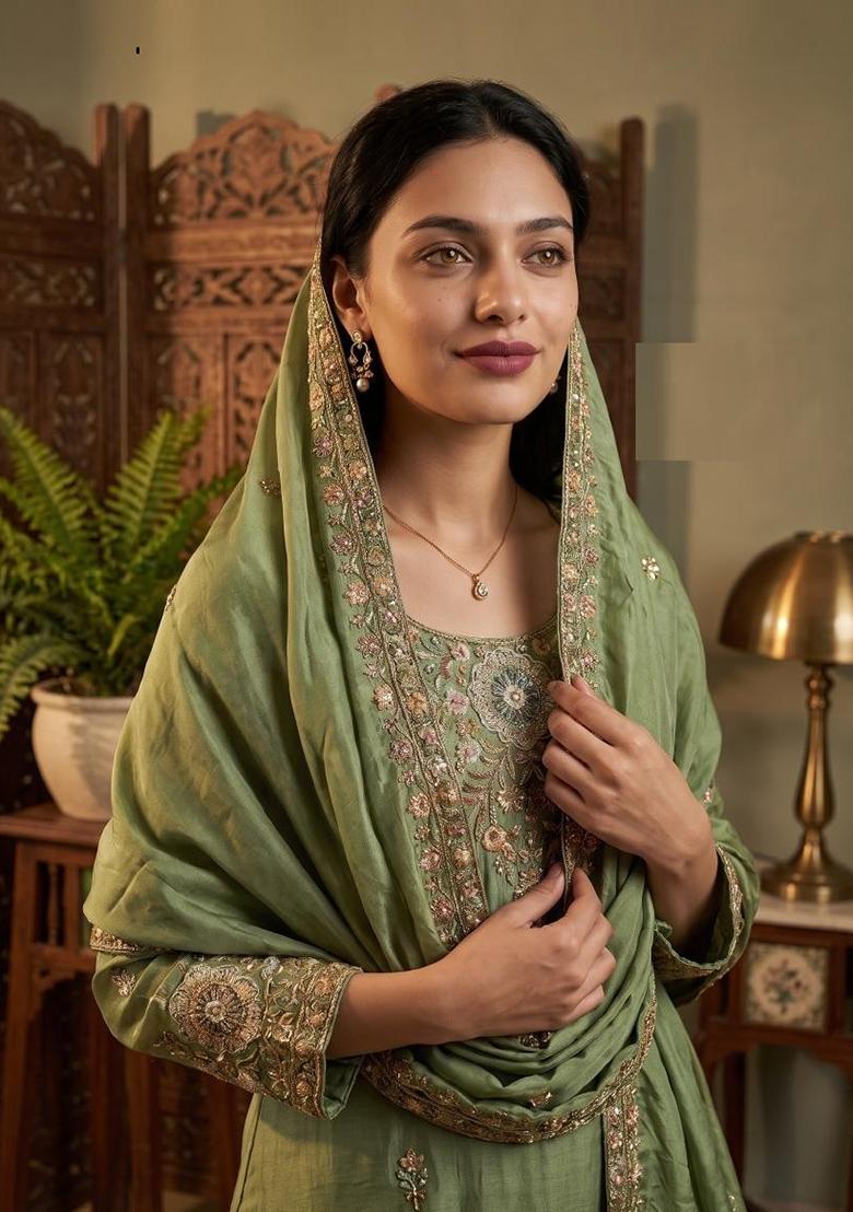 Green Embroidery Silk Kurta Set - Indya