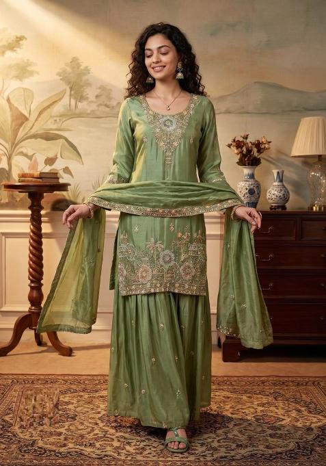 Green Embroidery Silk Kurta Set