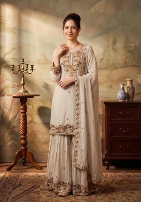 Cream Embroidery Chinon Kurta Set