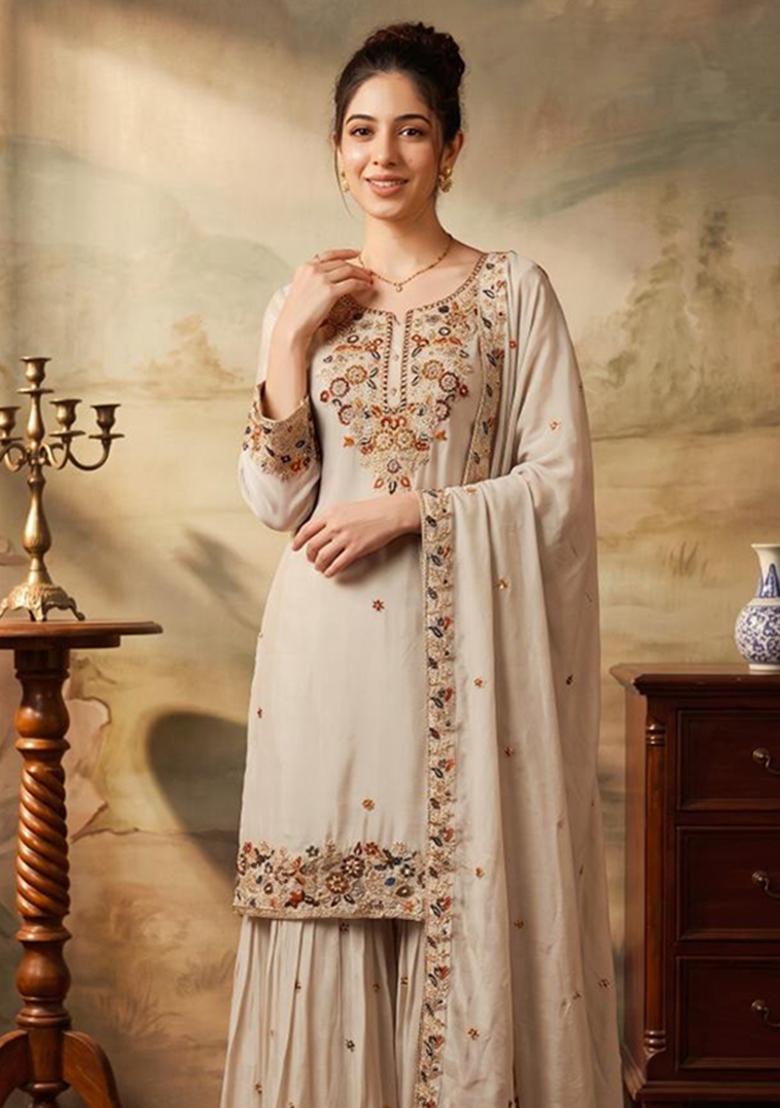 Cream Embroidery Chinon Kurta Set - Indya