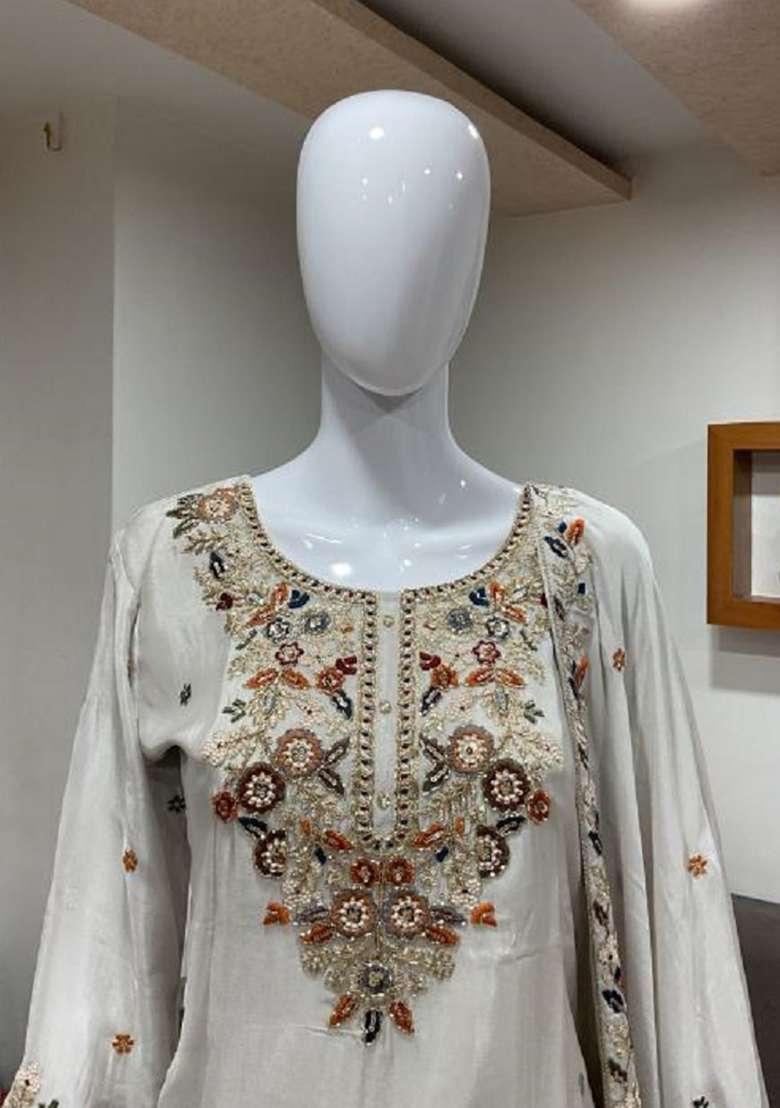 Cream Embroidery Chinon Kurta Set - Indya