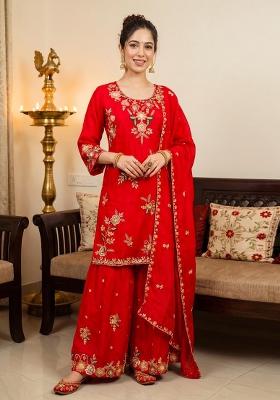 Red Embroidery Crepe Kurta Set