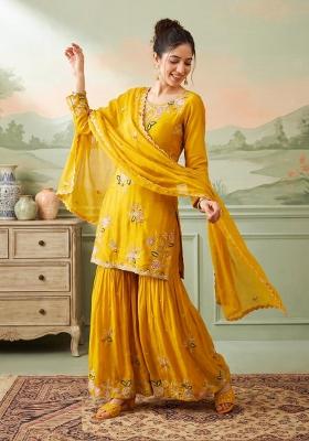 Yellow Embroidery Crepe Kurta Set