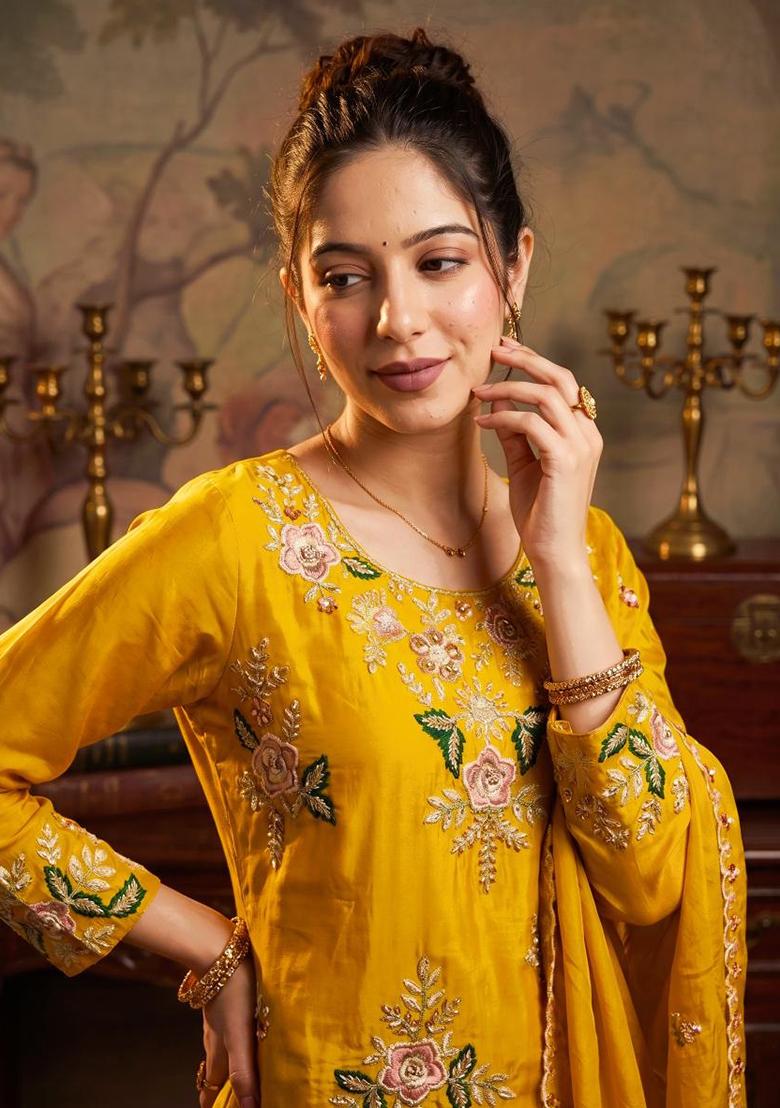 Yellow Embroidery Crepe Kurta Set - Indya