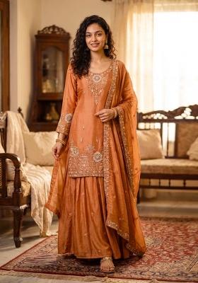 Rust Orange Embroidery Silk Kurta Set