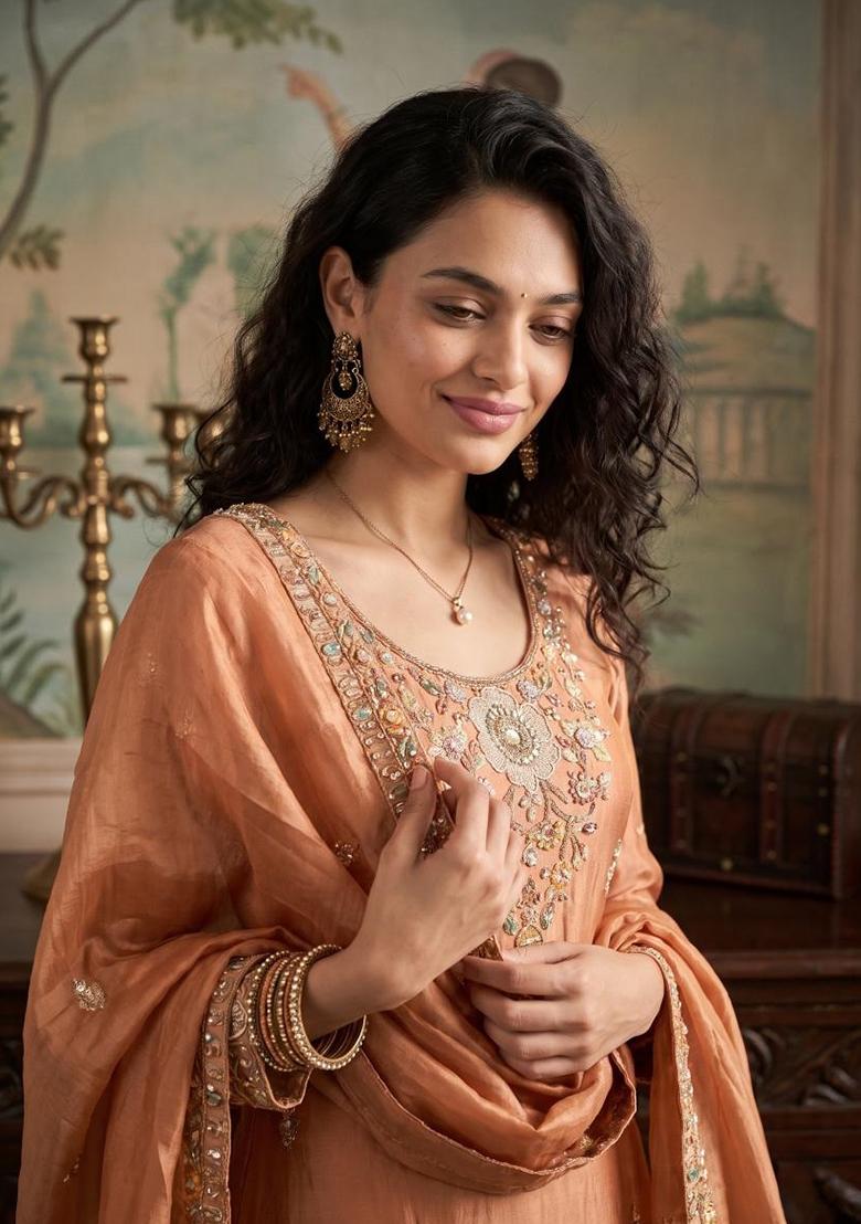 Rust Orange Embroidery Silk Kurta Set - Indya