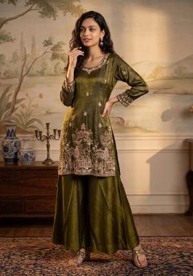 Olive Embroidery Silk Kurta Set