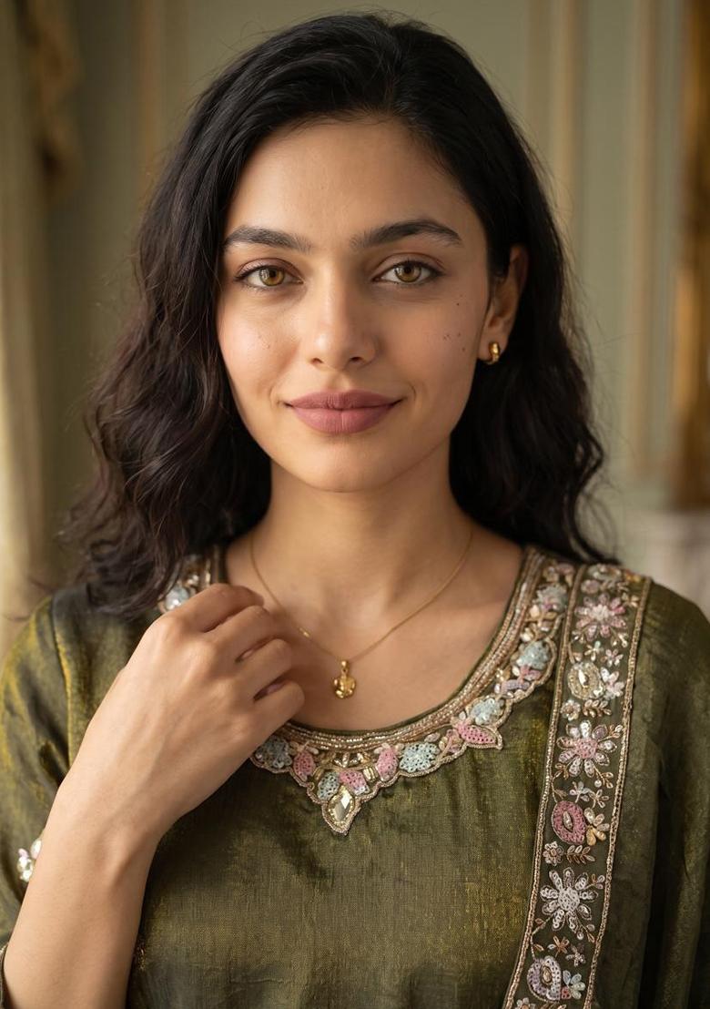 Olive Embroidery Silk Kurta Set - Indya