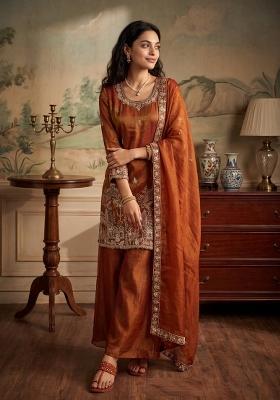 Orange Embroidery Silk Kurta Set