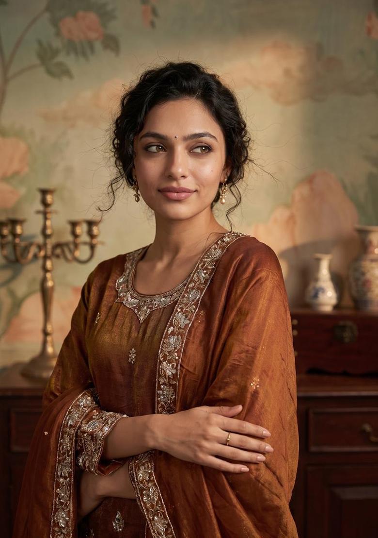 Orange Embroidery Silk Kurta Set - Indya