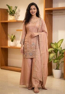 Peach Embroidery Viscose Kurta Set