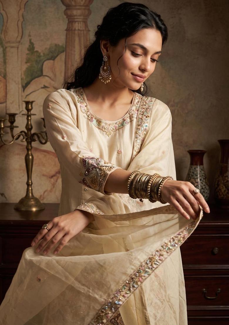 Cream Embroidery Viscose Kurta Set - Indya