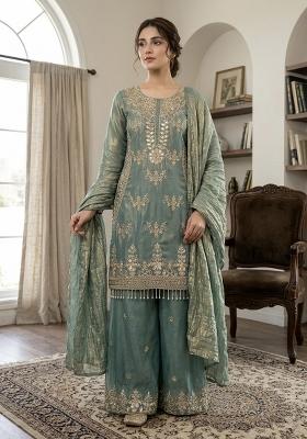 Sky Blue Embroidery Silk Kurta Set