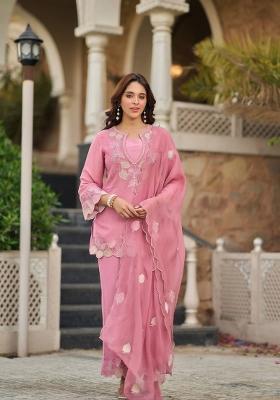 Pink Embroidery Satin Kurta Set