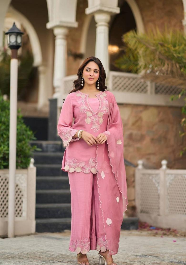 Pink Embroidery Satin Kurta Set - Indya